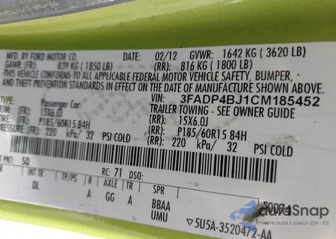 2012 Ford Fiesta Se из США, поврежденный, VIN 3FADP4BJ1CM185452